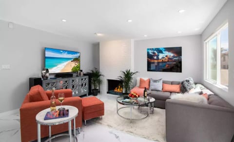 Spacious Living Room with Smart TV and Music System
