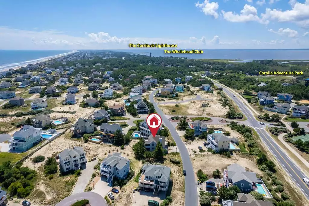 Ariel view showing Currituck Lighthouse, Whalehead Club and Corolla Adventure Park - Golden Dunes - Corolla, NC Private Heated Pool - Corolla