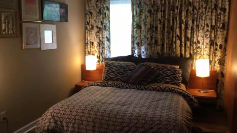Sleeping area - duvet covers let us change the look of this area whenever sheets are changed
