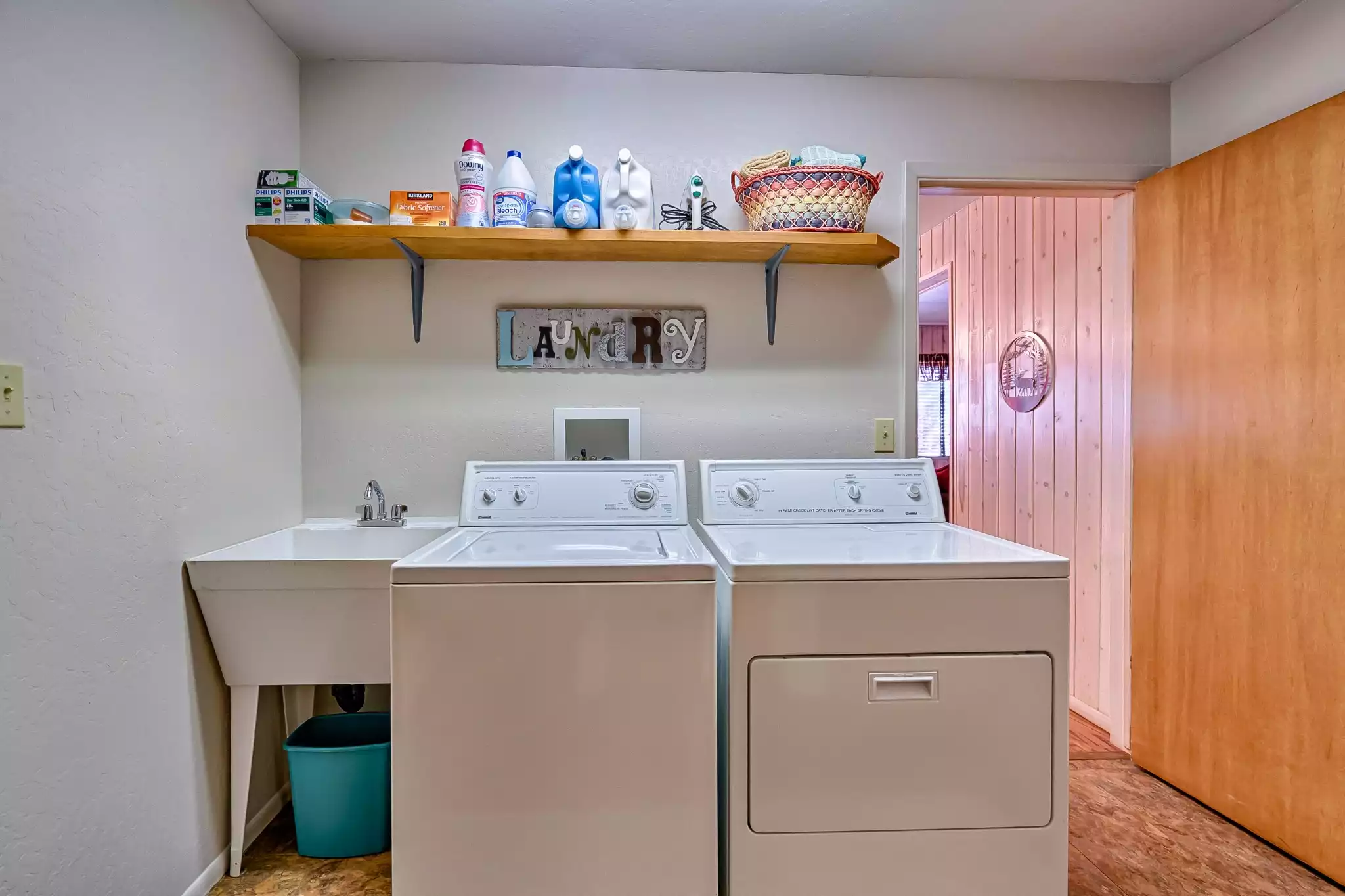 Laundry area with washer, dryer, laundry tub. We also have a table top ironing board and iron for your use. - Greer River's Edge Cabin  - Greer