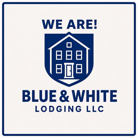 Clean blue-and-white lodging brand graphic with polished, professional appeal