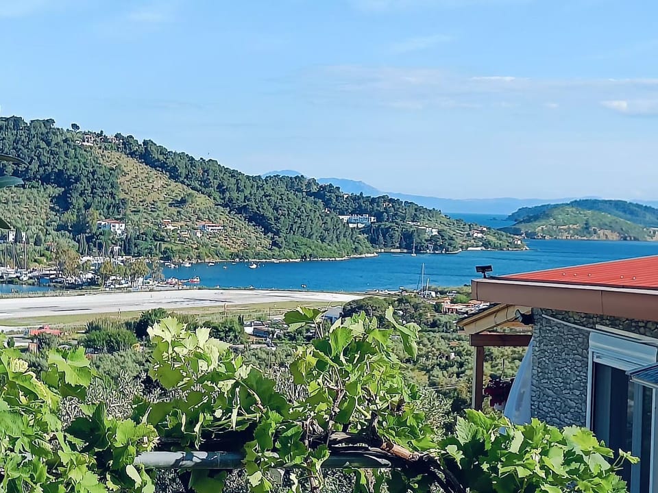 Berge und die ikonische Landebahn des Flughafens Skiathos - Skiathos