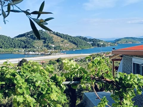 Berge und die ikonische Landebahn des Flughafens Skiathos