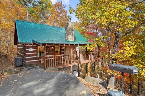 Tucked into the trees: Your log cabin retreat, tucked among the trees. Fall color, a wraparound porch, and a stone chimney waiting for you.