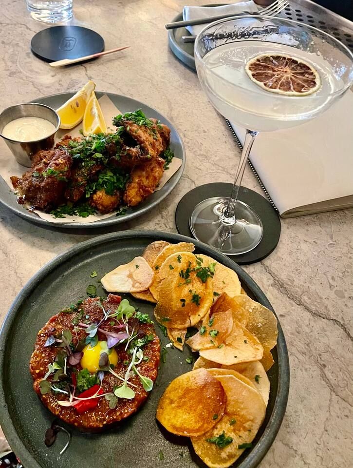 Elk tar tar and fried rabbit in the Timber Room lounge located downstairs. It has some of the best food, drinks and service in the Telluride/Mountain Village area.