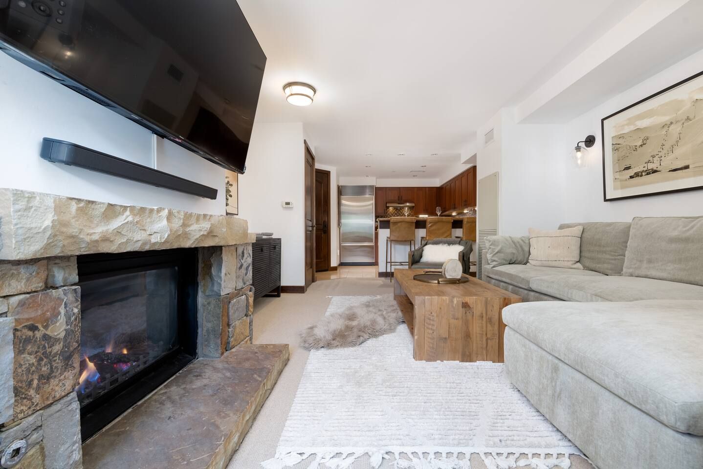 Spacious living room with gas fireplace