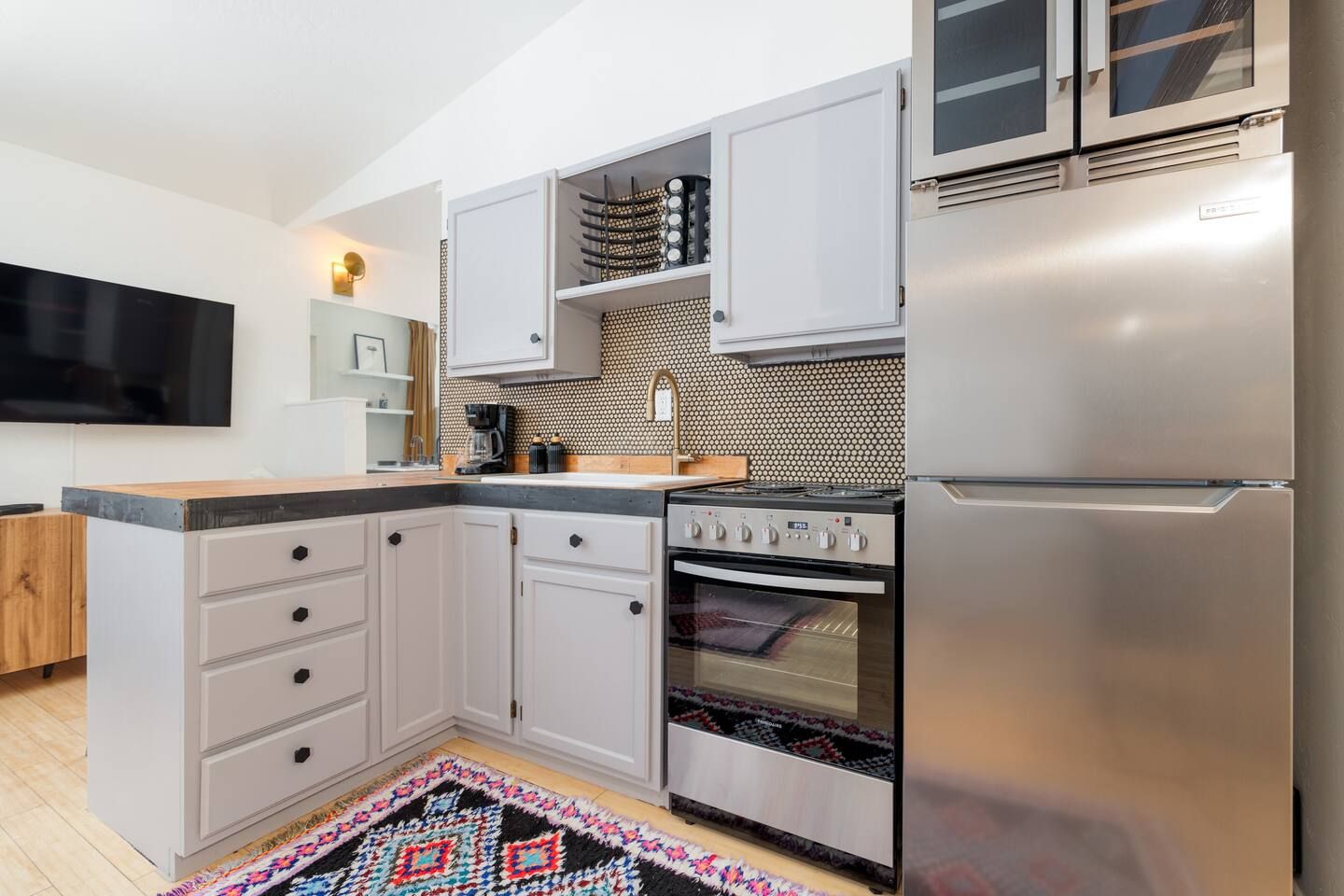 Full kitchen available for cooking meals at home.