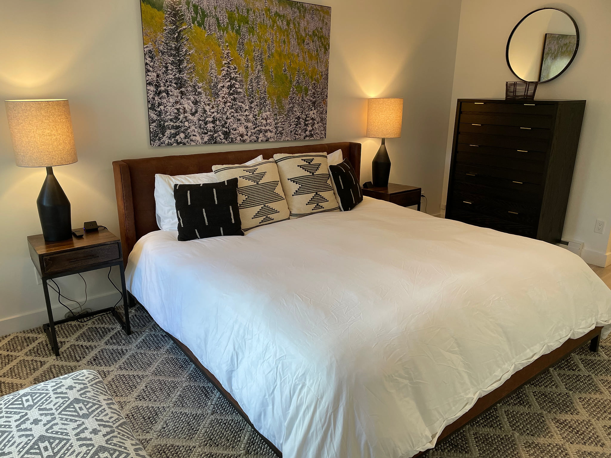 Charging stations on nightstands.