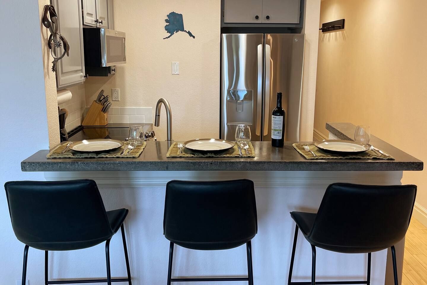 3 high top barstools. Great kitchen for entertaining post skiing or summer adventures.