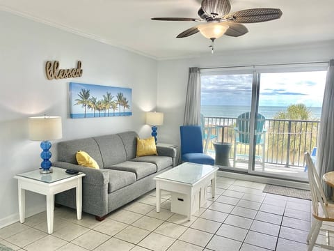 The condo is 550 square feet, with a welcoming view of the pond and Ocean! The living space features, a full size pull out sofa sleeper, 50" Roku TV, & two storage cubes under the coffee table to double as a small table and chairs for small children