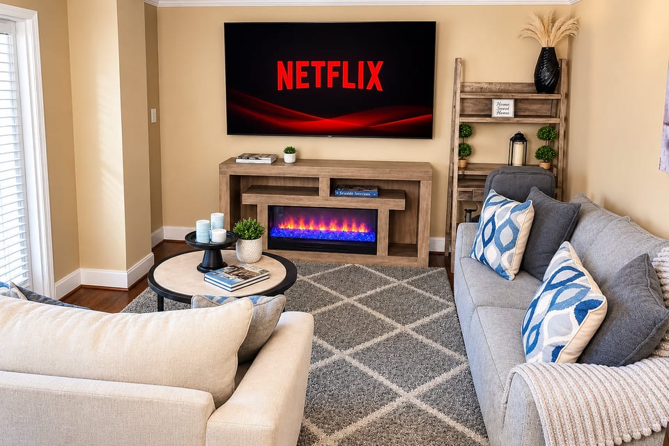 A comfortable living room with a large TV displaying Netflix, an electric fireplace, gray and cream sofas, patterned accent pillows, a round coffee table, and tasteful decorative shelving.
