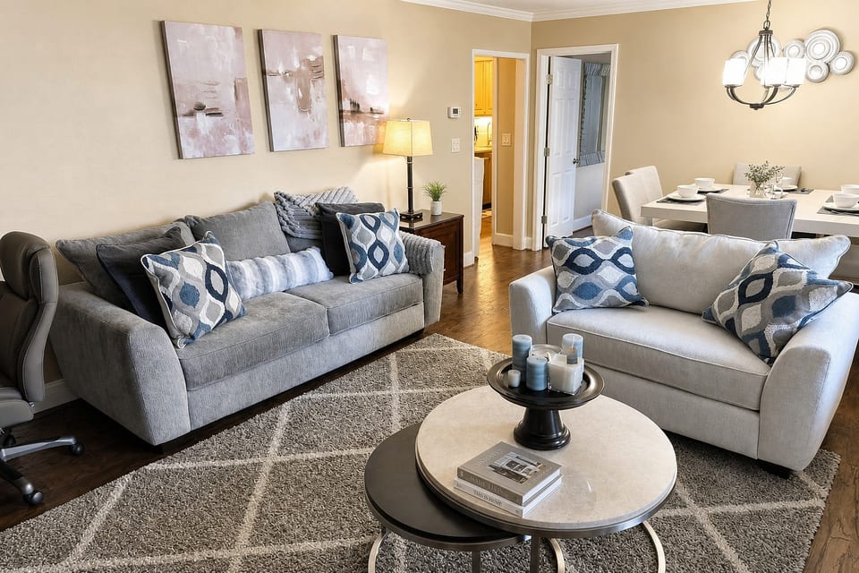 Bright living room w/ plush seating & TV, perfect for relaxing after a day out.