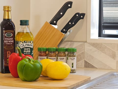 Chef's knives, sturdy chopping boards. Salt, pepper, oil, vinegar and a few spices all you need to whip up feasts like a pro! 