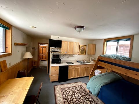 Main room with kitched and bunk beds with full bed on the bottome and a twin bed on the top.