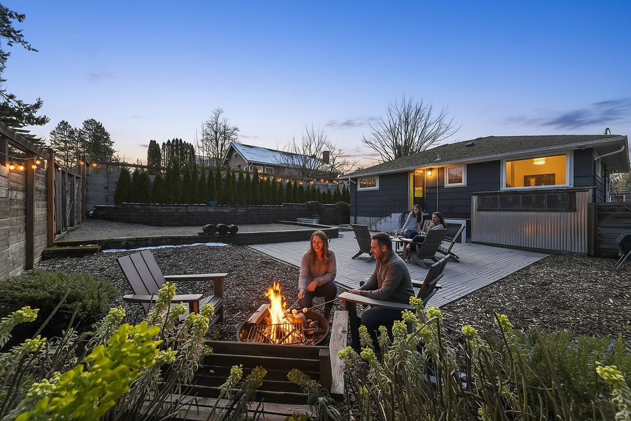 Cozy fenced backyard with fire pit, deck lounge & string lights