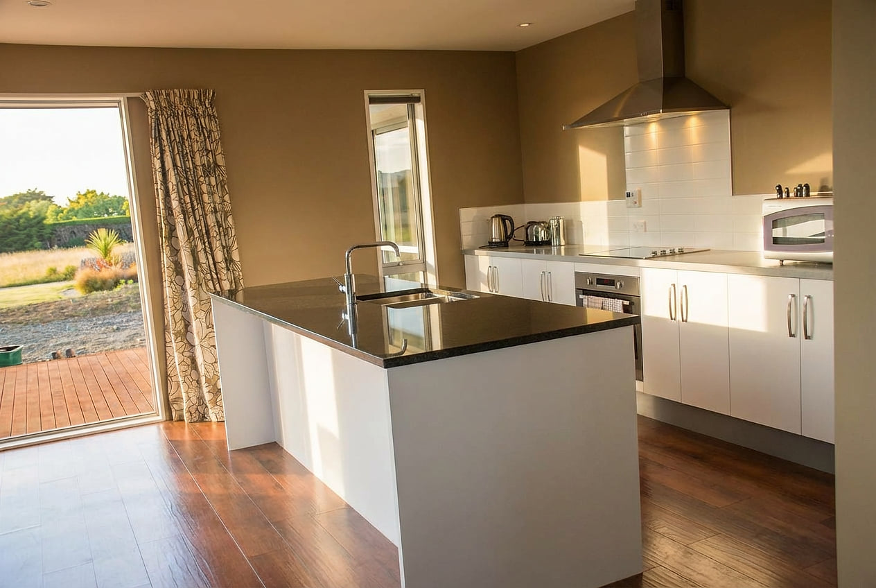 Sunlit modern kitchen with island, deck access, and sleek appliances.