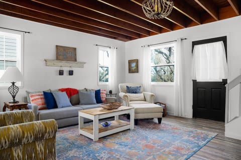 Quaint living room with a sleeper sofa.