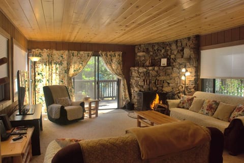 The living room features a classic stone fireplace.  We supply the firewood!

We do have satellite TV. In the mountains the signal can be unreliable at times, so we also provide you with Netflix and Hulu Plus streaming services.