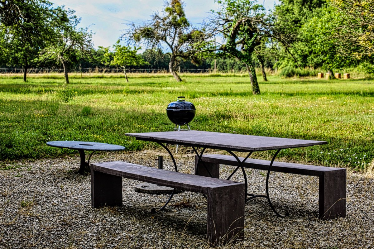 Table jardin : Grande table de pique-nique pour vos déjeuners et barbecues au soleil.