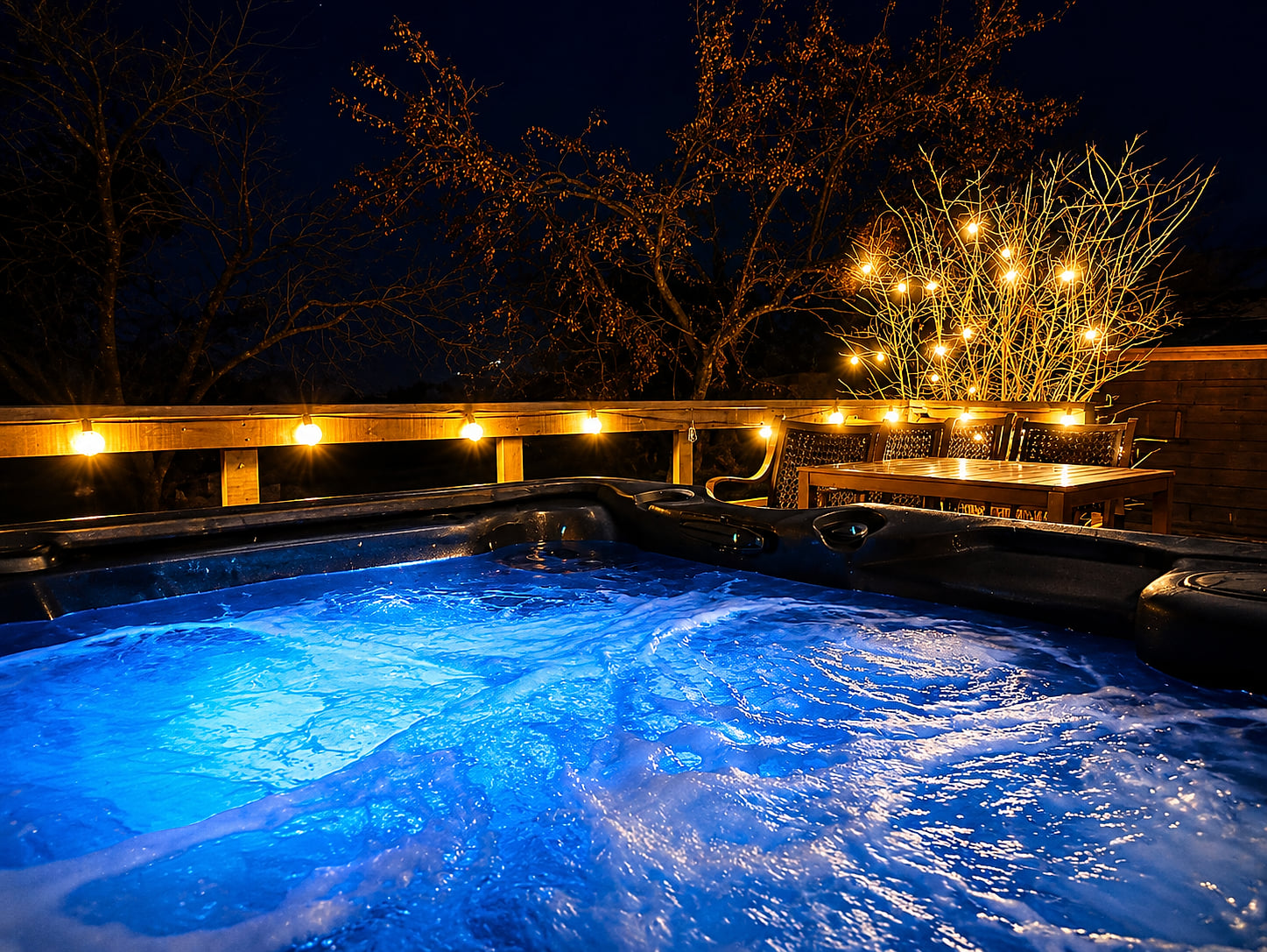 Private hot tub with glowing lights for cozy evenings on the deck