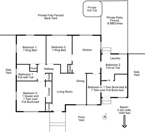 Centrally Located Beachy with Private Hottub, 2 King Beds, Huge Yard, BBQ, Firepit, Yard Games
