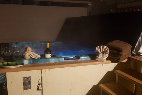 The hot tub shows off its fun side at night with its LED lights. Complete with privacy screen (that can also be used during the day).