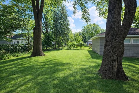 Nice, spacious, fenced backyard with some trees feels like it's a little park
