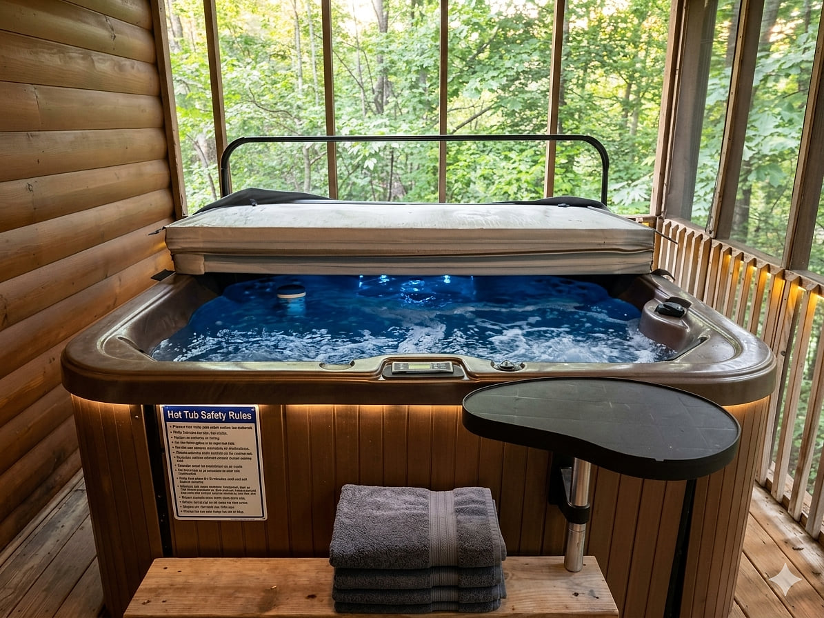 Screened-in hot tub with serene forest views for a relaxing soak