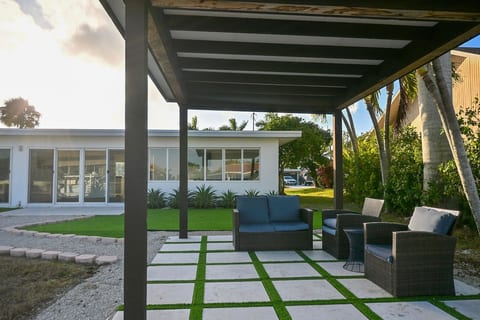 Covered patio where you can sit and watch the boats.