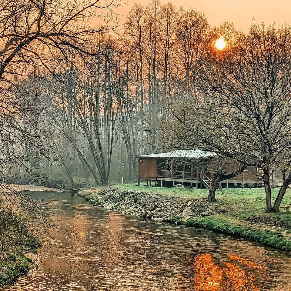 Creekside Cabin at dusk