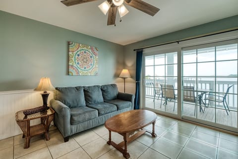Large sliding glass door let plenty of natural light in
