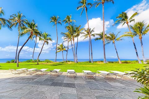 Oceanfront lawn, swaying palms and the Pacific Ocean — paradise right outside your door at Hale Kai O Kihei.