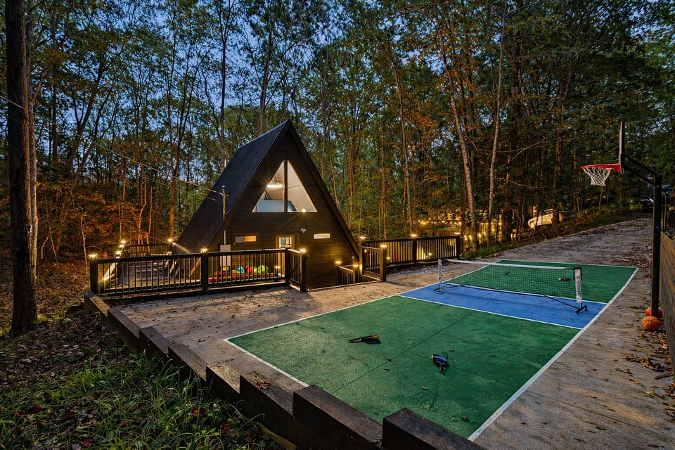 A-frame cabin with sport court & deck, nestled in serene woods