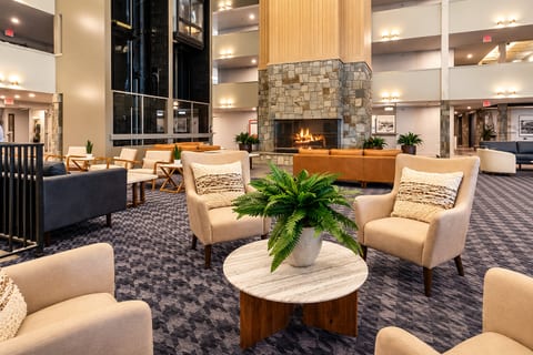 Mountain Resort Lobby with Stone Fireplace