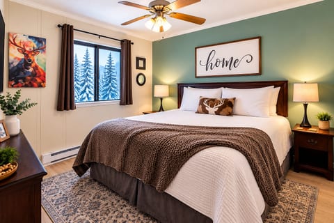 Master bedroom features a king bed with attached bathroom. Relax and Rejuvenate!
