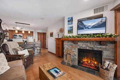 Cozy up by the fireplace. Guest Review From Christie Benjamin: "Fantastic stay—right in the middle of everything! Super convenient to the ski slopes. The host was incredibly helpful and quick