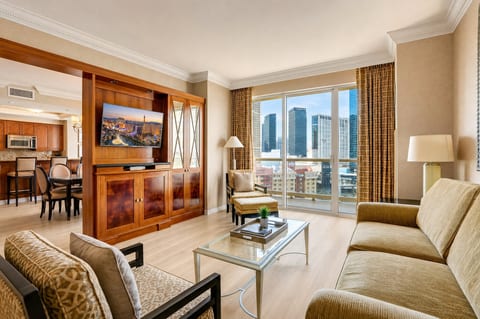 Strip-Adjacent Suite — Separate Living Area with Floor-to-Ceiling City Skyline Views, Sleeps Six
