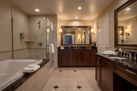 Jetted Soaking Tub — Primary Ensuite Bath with Deep Soak Tub, Enclosed Glass Shower, Double Vanity