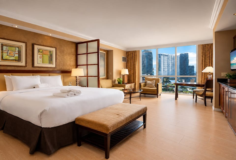 King Suite — 32nd Floor primary bedroom with private ensuite bath, blackout drapes, and open city views