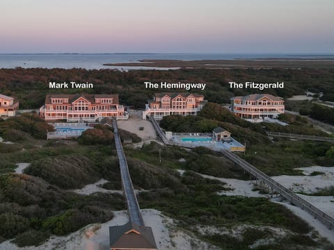 Estate Grounds Aerial — The Hemingway & Mark Twain with Private Beach Access | Event Venue on 6 Oceanfront Acres | Corolla 4x4, OBX
