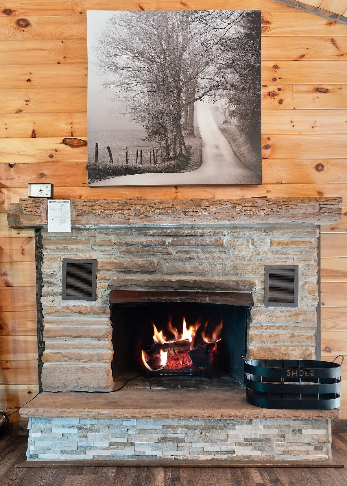 Toasty (electric) fireplace for relaxing without the work of building a fire.