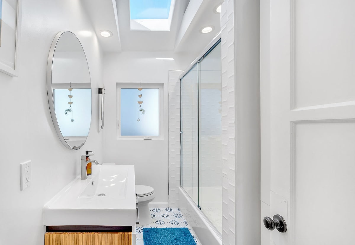 Who doesn't love a fun tile floor?! Bathroom 1 has a full sized tub for the kiddos.