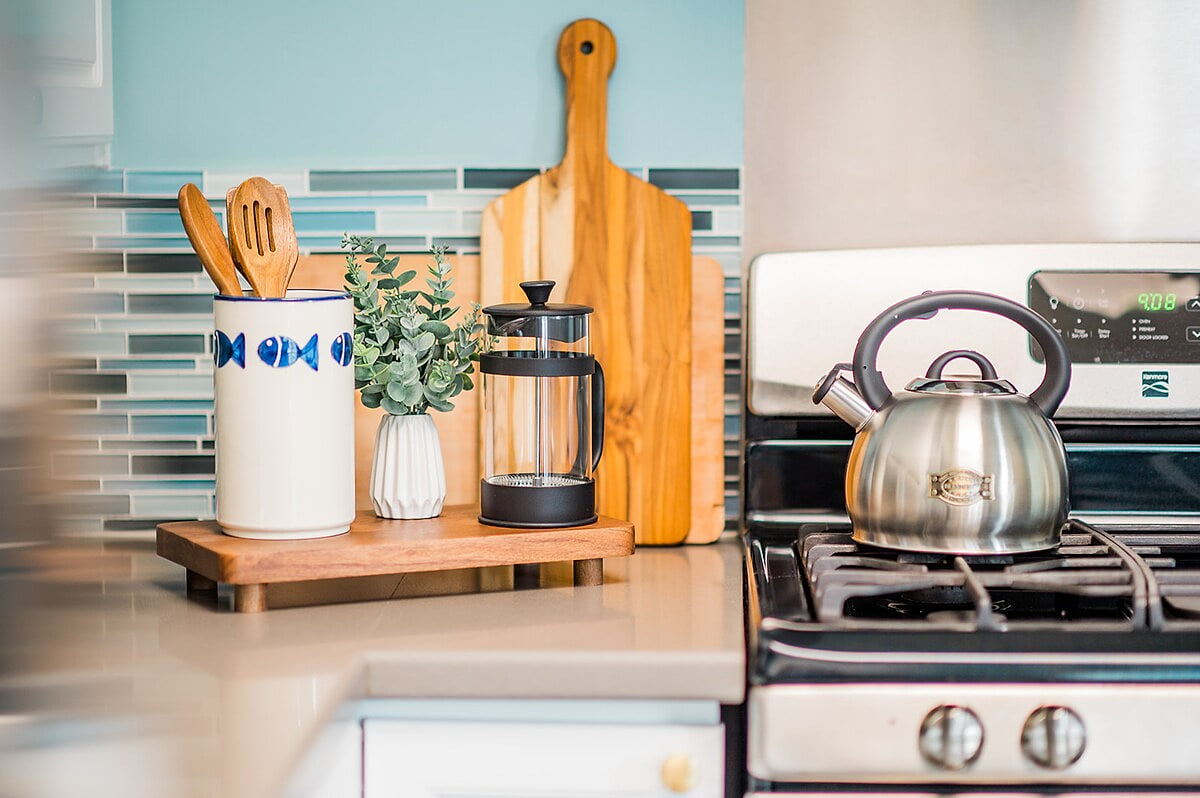 Kitchen is stocked with a French press, one cup Keurig, and regular drip coffee maker (as well as a kettle for tea drinkers!)