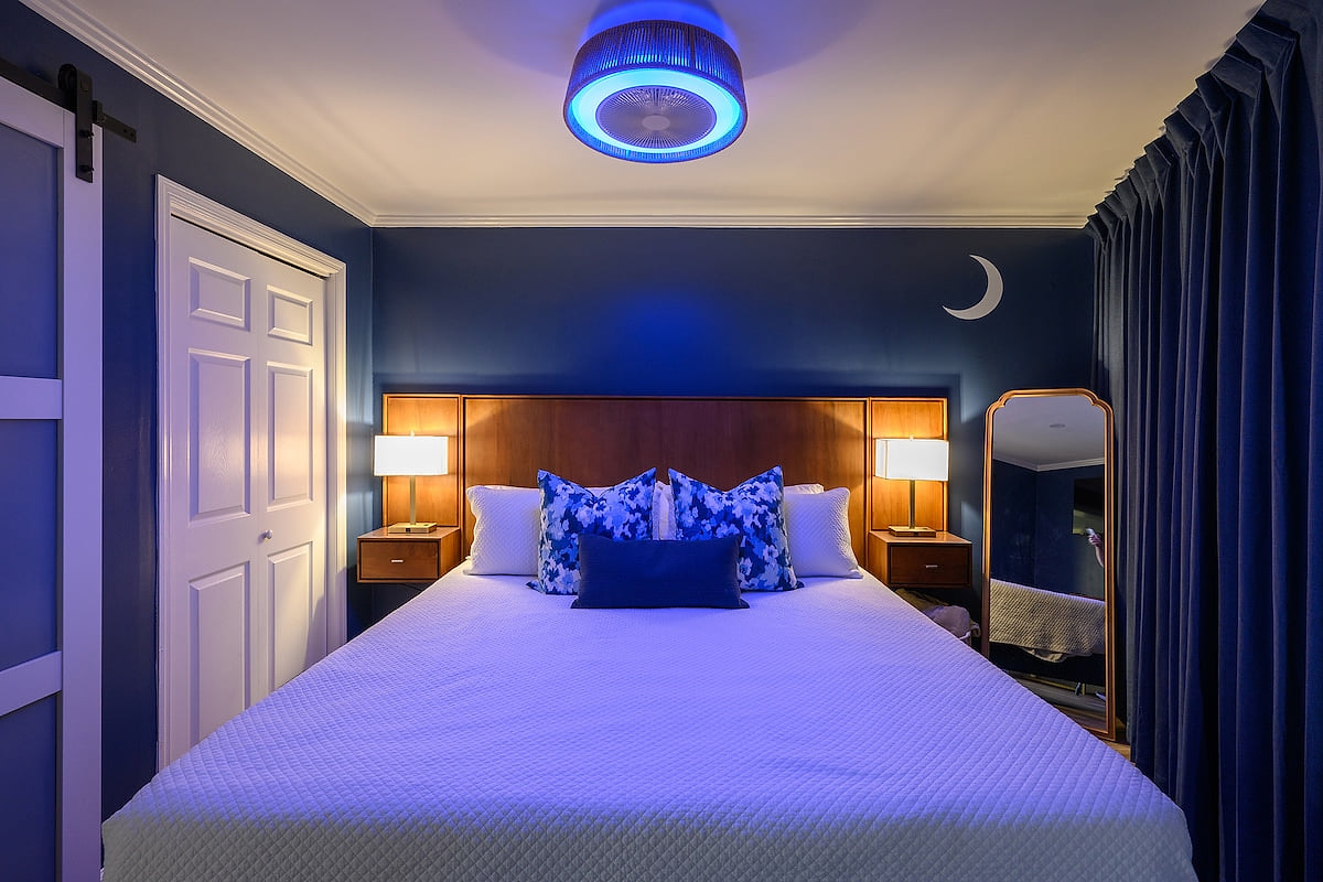 The fan/light in the bedroom has 3 speeds and the LED light can change to any color!