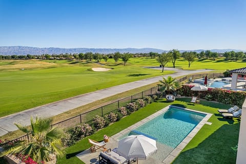 Birdseye view of our yard. Sits directly in front of the putting green of Stadium Course. Hedges allow for privacy when in the pool.  No desert landscaping here!!