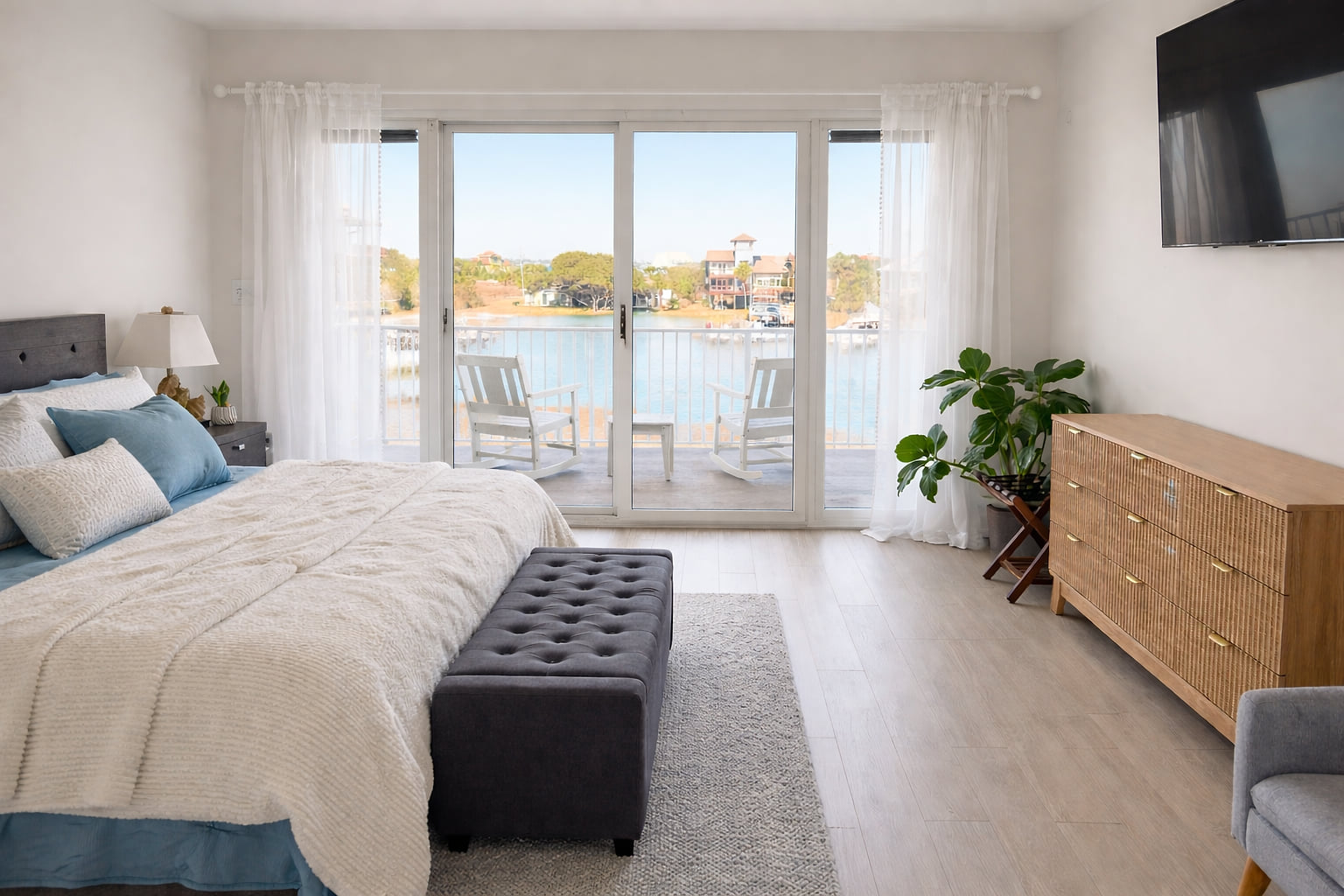 Designed for comfort and calm, this coastal-inspired king suite offers waterfront balcony