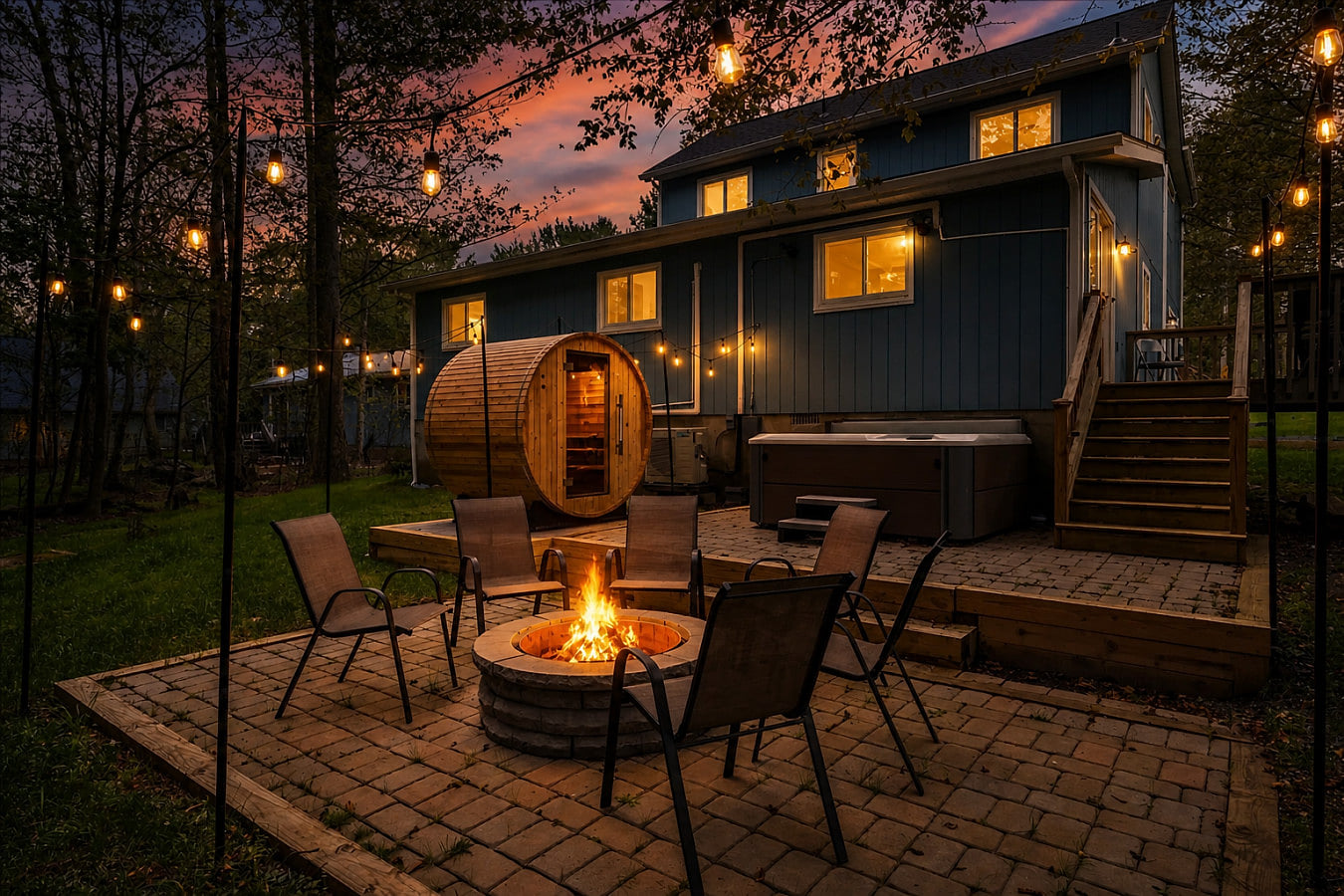 Your backyard oasis awaits! Unwind in the hot tub, relax in the sauna, or gather around the fire pit for cozy evenings under the stars.
