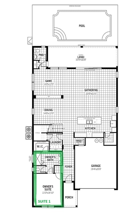 Floor plan with private suite, open living area, lanai, and pool
