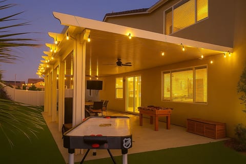 Warm-lit patio for evening hangouts