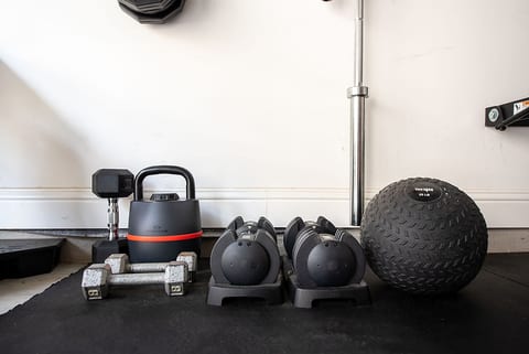 adjustable kettle bell weights, slam ball, and more